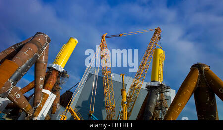 tripods for wind wheels being shipped at Labradorhafen, Germany, Bremerhaven Stock Photo
