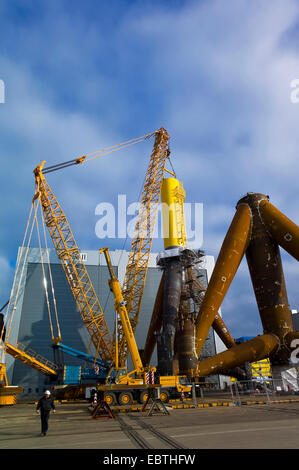 tripods for wind wheels being shipped at Labradorhafen, Germany, Bremerhaven Stock Photo