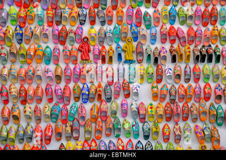 typical moroccian clogs as magnets in a souvenir shop, Morocco, Marrakesh, Fes Stock Photo