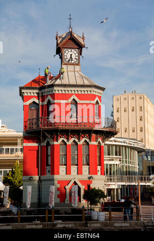 red clock tower in harbour, South Africa, Western Cape, V&A Waterfront, Capetown Stock Photo