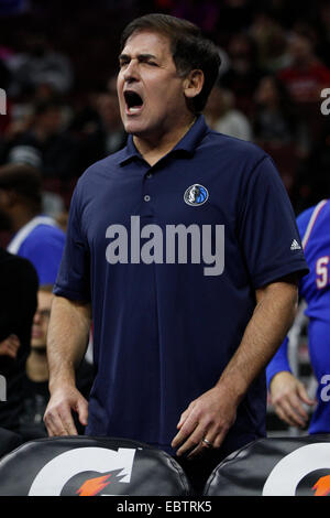 November 29, 2014: Dallas Mavericks owner Mark Cuban reacts during the NBA game between the Dallas Mavericks and the Philadelphia 76ers at the Wells Fargo Center in Philadelphia, Pennsylvania. The Dallas Mavericks won 110-103. Stock Photo