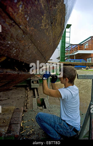 trawler under repair in the Bueltjer wharf, Germany, Lower Saxony, Ditzum Stock Photo