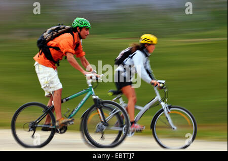 two mountain bikers riding on trail, France, Savoie, Vanoise National Park, La Plagne Stock Photo