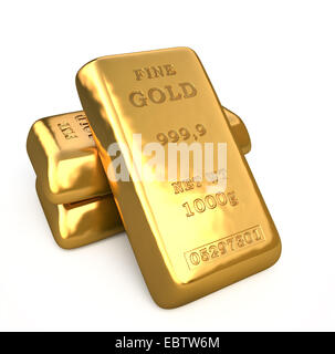 Set of fine gold bars, golden bullion on white background.  Finance 3d illustration Stock Photo