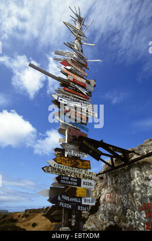 signboards at pole, Falkland Islands, Port Stanley Stock Photo