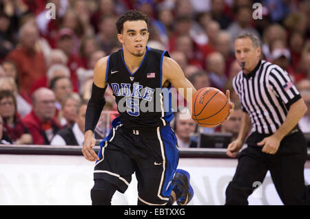 December 3, 2014: Duke Blue Devils guard Tyus Jones #5 brings the basketball past half court during the NCAA Basketball game between Duke Blue Devils and the Wisconsin Badgers at the Kohl Center in Madison, WI. Duke defeated Wisconsin 80-70. John Fisher/CSM. Stock Photo
