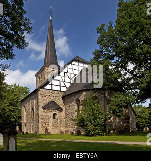1000 years old church in Stiepel, Stiepeler Dorfkirche, with graves in the foreground, Germany, North Rhine-Westphalia, Ruhr Area, Bochum