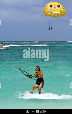 Kiteboarding or kitesurfing on Orient Beach, Saint Martin Stock Photo