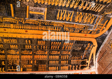 the godess Nut stretching out over the complete ceiling of the chamber tomb of Ramses V. (1150-1145 BC) and Ramses VI. (1145-1137 BC) in order to swallow up the sun which after that travels through the long body towards rebirth, Egypt, Valley of the Kings, Luxor Stock Photo