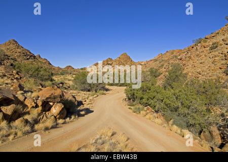 gravel road junction in Augrabies Falls National Park, South Africa, Northern Cape, Augrabies Falls National Park Stock Photo