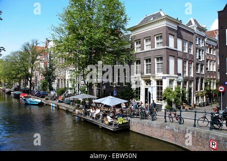 coffee house on a footbridge at inland waterway, Netherlands, Amsterdam Stock Photo