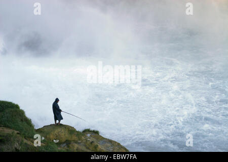 angler at Lara waterfalls near Antalya, Turkey, Turkish Riviera, Unterer Dueden, Antalya Stock Photo
