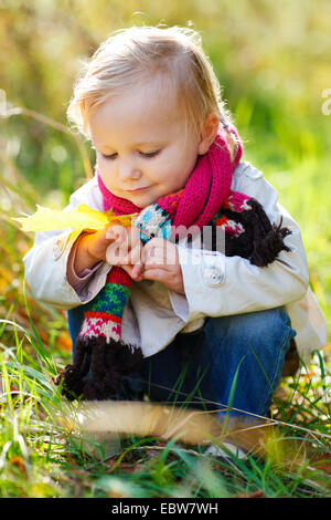 little girl collecting autumn leaves Stock Photo