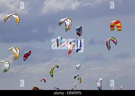 colourful kites in the sky, Kitesurf World Cup, Germany, Schleswig-Holstein, St. Peter Ording Stock Photo