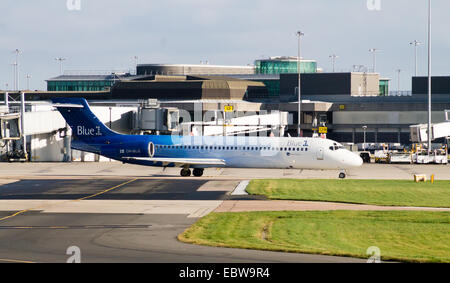 Blue1 Boeing 717 (OH-BLG), taxiing at Manchester International Airport. Stock Photo