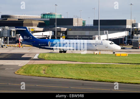 Blue1 Boeing 717 (OH-BLG), taxiing at Manchester International Airport. Stock Photo