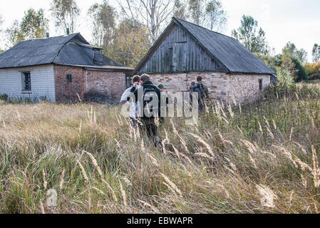 old wooden cottage in abandoned Stechanka village, Chernobyl Exclusion Zone, Ukraine Stock Photo