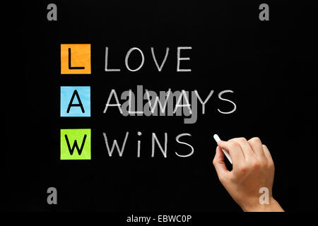 Hand writing LAW - Love Always Wins with white chalk on blackboard. Stock Photo