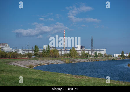 Chimney block 1 and 2 in Chernobyl Nuclear Power Plant in Chernobyl Exclusion Zone, Ukraine Stock Photo