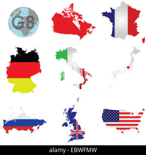 Flags of the G8 member countries overlaid on outline map isolated on white background Stock Photo