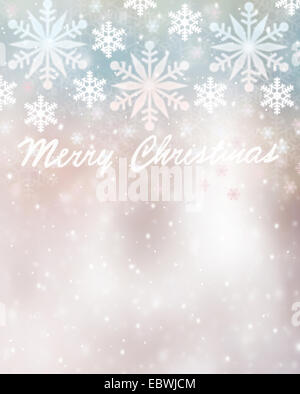 Merry Christmas greeting card with best wishes, falling snowflakes on blurry blue and pink background, text space Stock Photo