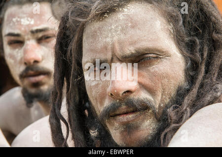 Portrait of a Udaisin Sadhu, holy man, at the Sangam, the confluence of the rivers Ganges, Yamuna and Saraswati Stock Photo