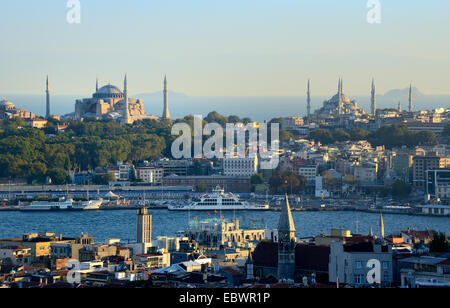 View from Beyoğlu over the Golden Horn, with Hagia Sophia and Sultan Ahmed Mosque, Istanbul, European side, Istanbul Province Stock Photo