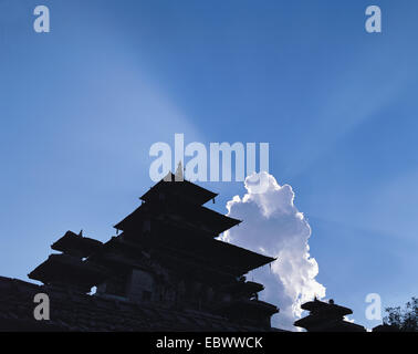 temple pagodas in Durbar Square outlined against clouds and blue sky, Nepal, Kathmandu Stock Photo