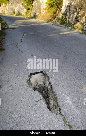 deep pothole in a road, Montenegro, Lake Skutari Stock Photo