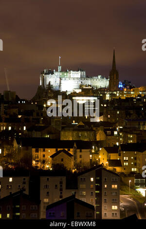 view over Edinburgh city centre to Edinburgh castle at night from Salisbury Crags, United Kingdom, Scotland, Edinburgh Stock Photo