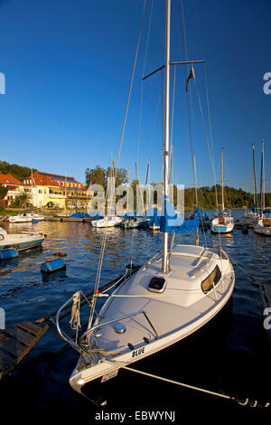 landing stage with many sailing boats at Lake Moehne in evening sun, Germany, North Rhine-Westphalia, Sauerland, Moehnesee Stock Photo