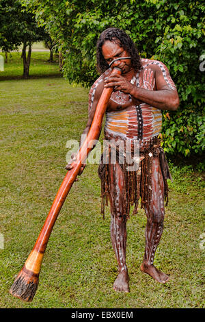 Aboriginal man with traditional body painting playing didgeridoo, Australia, Queensland Stock Photo