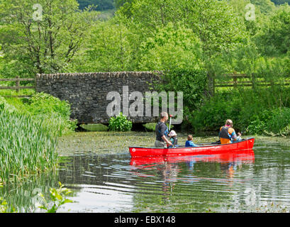 Family in bright red canoe paddling on lake surrounded by emerald vegetation & tall trees in National Botanic Gardens of Wales Stock Photo