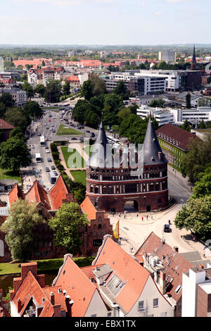 view from St. Peter's Church to Holsten Gate , Germany, Schleswig-Holstein, Luebeck Stock Photo