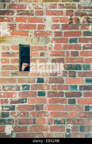 Hand making a fist in small opening of brick wall. Conceptual image of protest, prison and political prisoner. Stock Photo