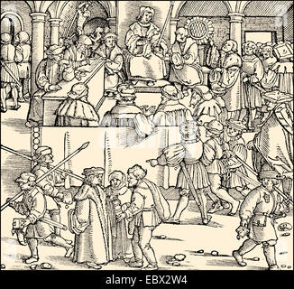 Public court hearing and torture, 15th century, öffentliche Gerichtsverhandlung und Folter im 15. Jahrhundert Stock Photo