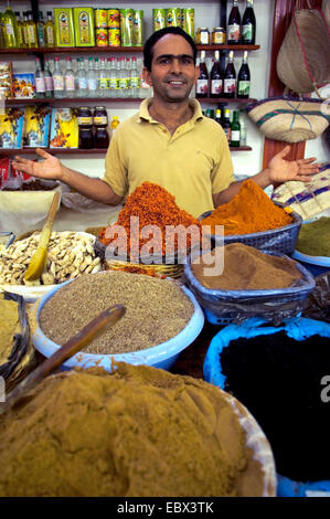 spice trader at his shop at the spice market, Tunisia, Djerba Stock Photo