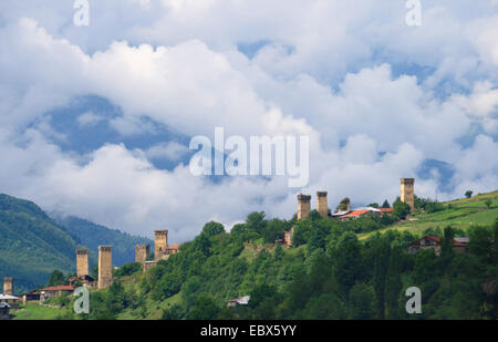 mediaeval village Mestia with typical Svanetian protective towers, Georgia, Caucasus Stock Photo