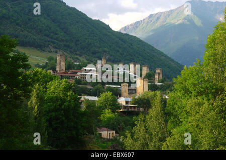 mediaeval village Mestia with typical Svanetian protective towers, Georgia, Caucasus Stock Photo