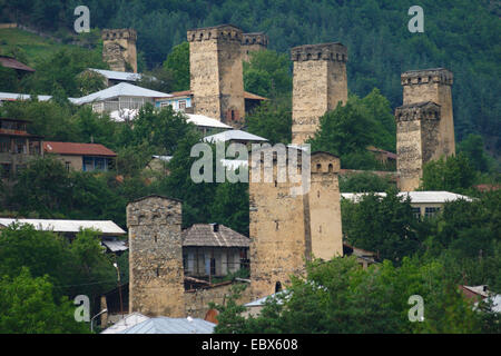 mediaeval village Mestia with typical Svanetian protective towers, Georgia, Caucasus Stock Photo