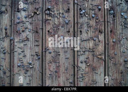 wooden door with rusty pushpins and staples Stock Photo