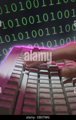 computer keyboard with hand and numerical code Stock Photo