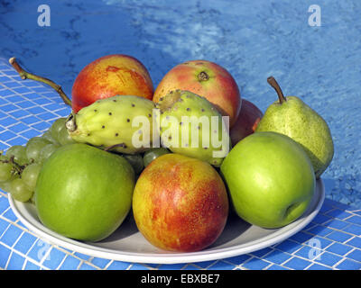 fruits (apples, pears, grapes and prickly pears) on  plate by the pool Stock Photo