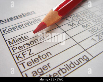 red pencil lying on a balance sheet of firm expenses Stock Photo