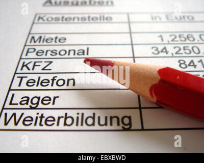 red pencil lying on a balance sheet of firm expenses Stock Photo