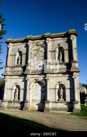 The Temple of Four Seasons facade on the Old Gardeners Cottage, Margam Manor, Neath Port Talbot, South Wales, UK. Stock Photo