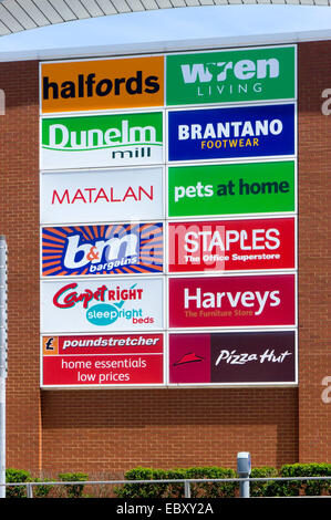 A sign listing shops at the Westwood Retail Park on the outskirts of Broadstairs in Kent. Stock Photo