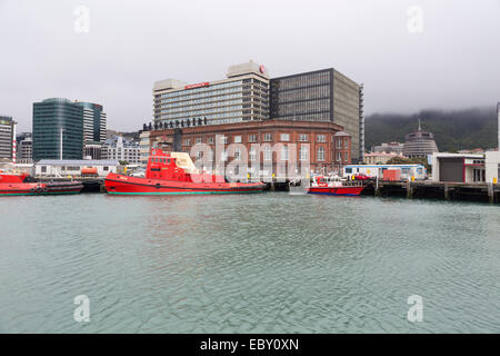 Views of the harbour and on the Parliament of New Zealand, 'The Beehive', Pipitea, Wellington, Wellington Region, New Zealand Stock Photo