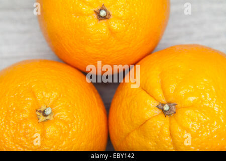 three oranges on grey table Stock Photo