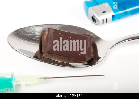 metaphor for chocolate addiction on white Stock Photo